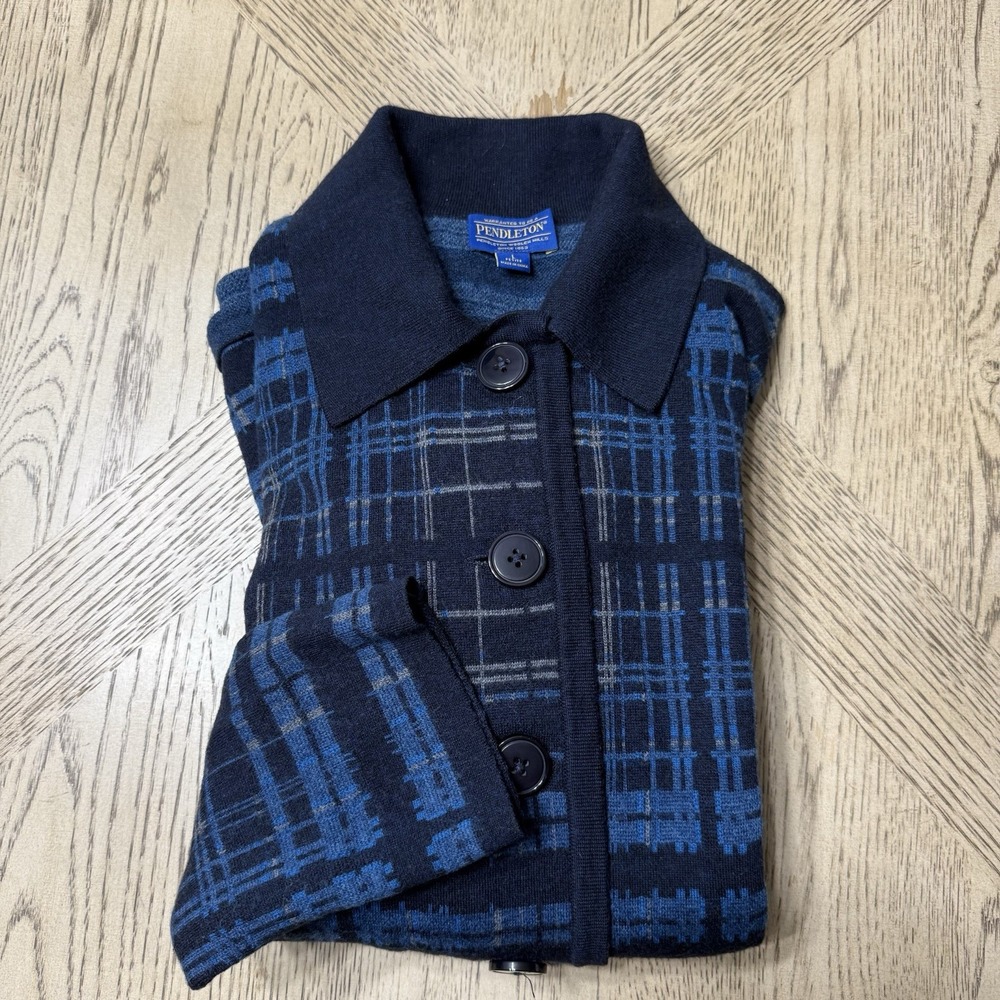 Pendleton Large Blue Striped Merino Wool Button Front Long Cardigan Duster